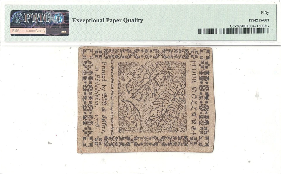 17 February, 1776 Four Dollars Continental Currency Fr CC-26 PMG AU-50 EPQ - Image 3 of 3
