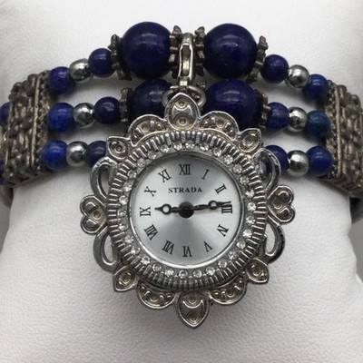 Strada Womens Watch 28mm Silver Tone Heart Charm Blue Beaded Cuff New Battery