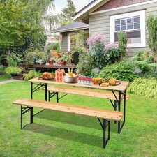 3 PCS Wooden Picnic Table Beer Bench Dining Set Folding Wooden Top Patio Outdoor