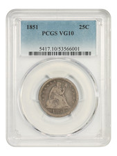 1851 25C PCGS VG10 - Liberty Seated Quarter