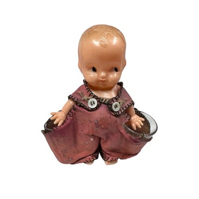 Vintage Irwin Kewpie Doll with Overalls and Glass Cups in Pockets