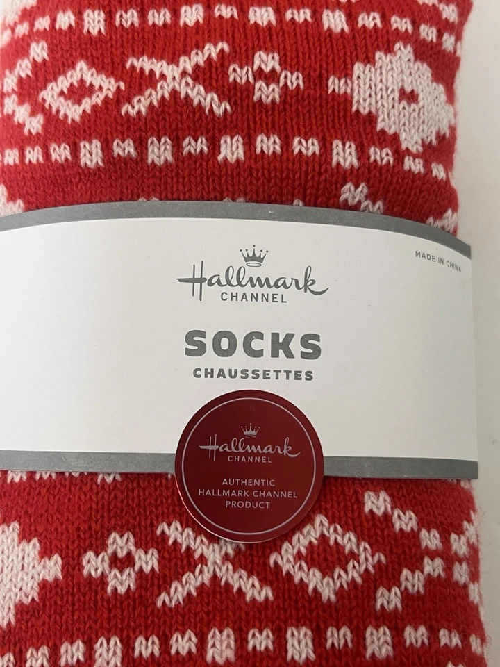 Hallmark Channel 舒适圣诞袜 厚暖红色和白色 - 绿色握把 - 全新 — 第 2/4 张图片