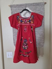 Mexican Embroidered Floral Red Boho Oaxaca Tunic Mini Dress Sz M-L /CH