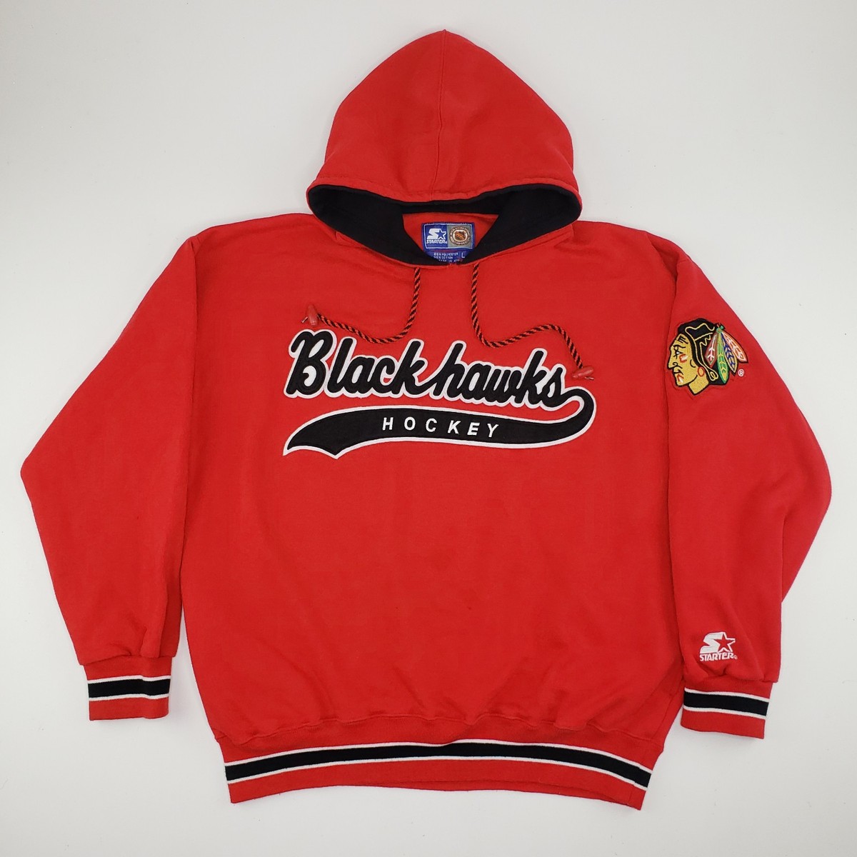 Vintage 90s Starter Chicago Blackhawks Script Hoodie Red Pullover