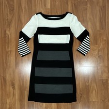 Sandra Darren Black White Gray Striped Knit Sweater Dress Boat Neck LRG