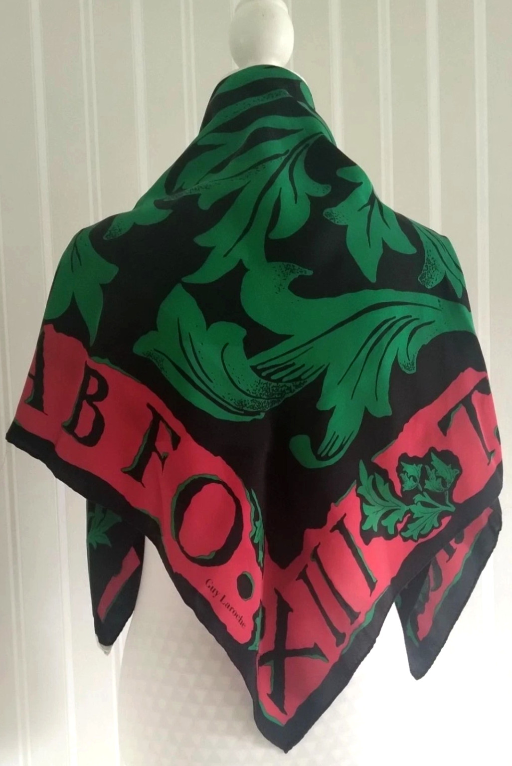 Guy Laroche floral leaf print silk scarf in black red and green