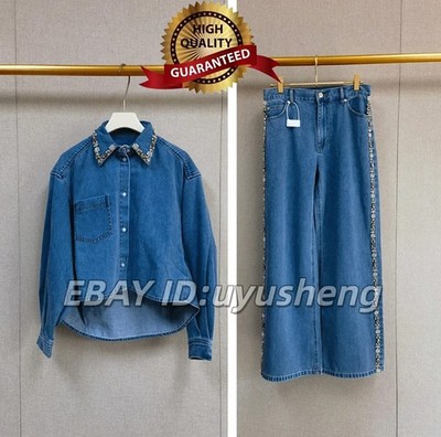  AUTHENTIC Sandro Women Diamond Moulding Denim jacket Coat + Jeans Trousers SML