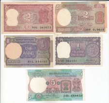 India, 1, 2, 5 Rupees Set of 5, All Different Sign Old Issues Banknote
