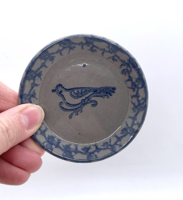 #ad Beaumont Pottery Farmhouse Spongeware Small Butter Tea Bag Plate 3” With Bird $11.99
