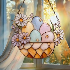 Easter Egg Basket Suncatcher, Pastel Floral Window Hanging Decor,