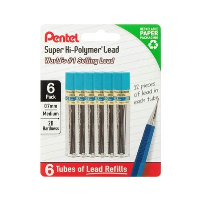 Pentel Super Hi-Polymer Lead Refills, 0.7 mm, 2B, 72 Pieces (12 pcs per tube, 6