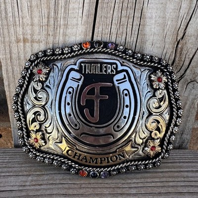 Cowboy Trophy Rodeo Style Belt Buckle with trailers champion | eBay