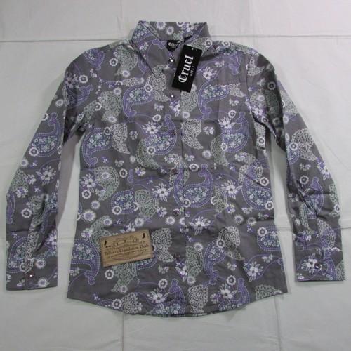 Cruel Girl's Long Sleeve Floral Paisley Print Snap Western Shirt Grey/Purple - Picture 5 of 6