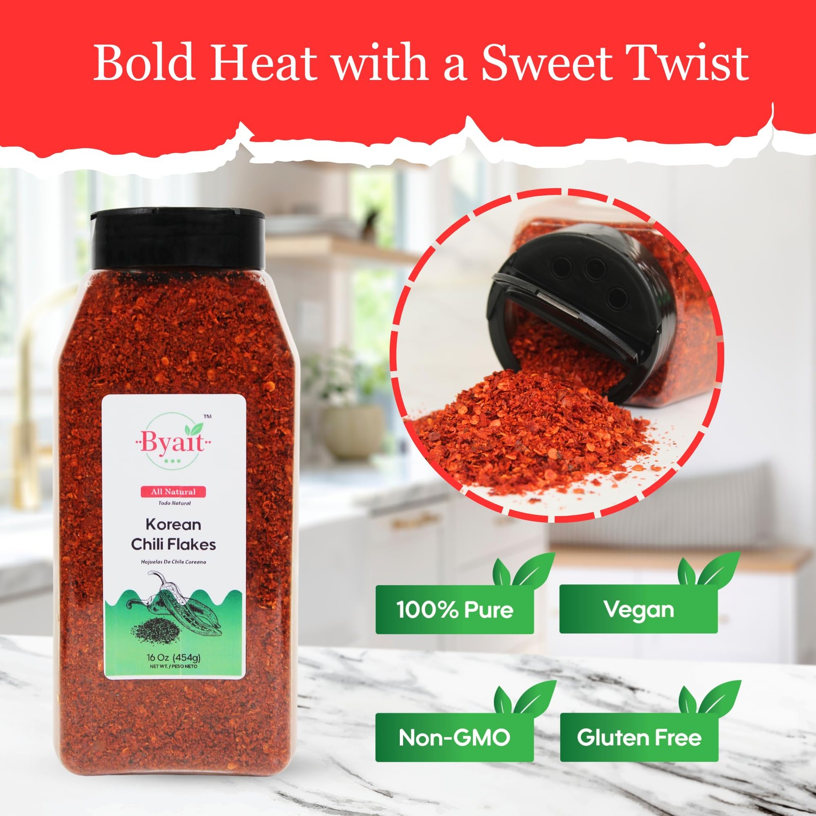 Gochugaru Korean Chili Flakes 16 Oz (1 LB), Medium Hot, 100% Pure Red Chili P...