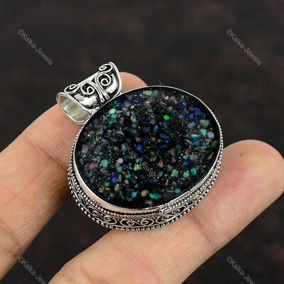 Natural Ethiopian Opal Gemstone Pendant Vintage Black 925 Sterling Silver 