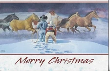 NEW LEANIN TREE CHRISTMAS CARD 4.5x6.75 Two Kids Trying to Lasso Wild Horses