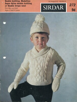 Sirdar 272 Kinder Zopfmuster Pullover Mütze Handschuhe DK 2-4 Jahre Vintage Strickmuster 2