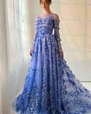 3D Floral Blue Tulle Ball Gown with Long Sheer Sleeves and Sparkle Details