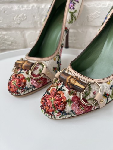 Gucci Multicolor Floral Printed Canvas Bamboo Horsebit Pupms Heels Size 37 - Picture 2 of 10