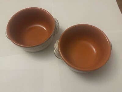 De Silva Italian Terracotta Cream Pottery Soup Bowls 2 Handle Oven Safe Set of 2