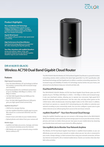 D-LINK WIRELESS AC750 DUAL-BAND GIGABIT CLOUD ROUTER, BLACK (DIR-818LW/D) - Picture 6 of 8
