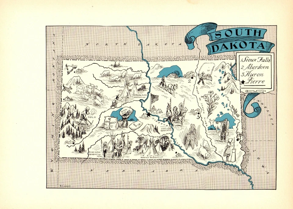 Mapa de imagen animado antiguo de Dakota del Sur de la década de 1930 de Dakota del Sur BLU 9570 Foto 4 de 4