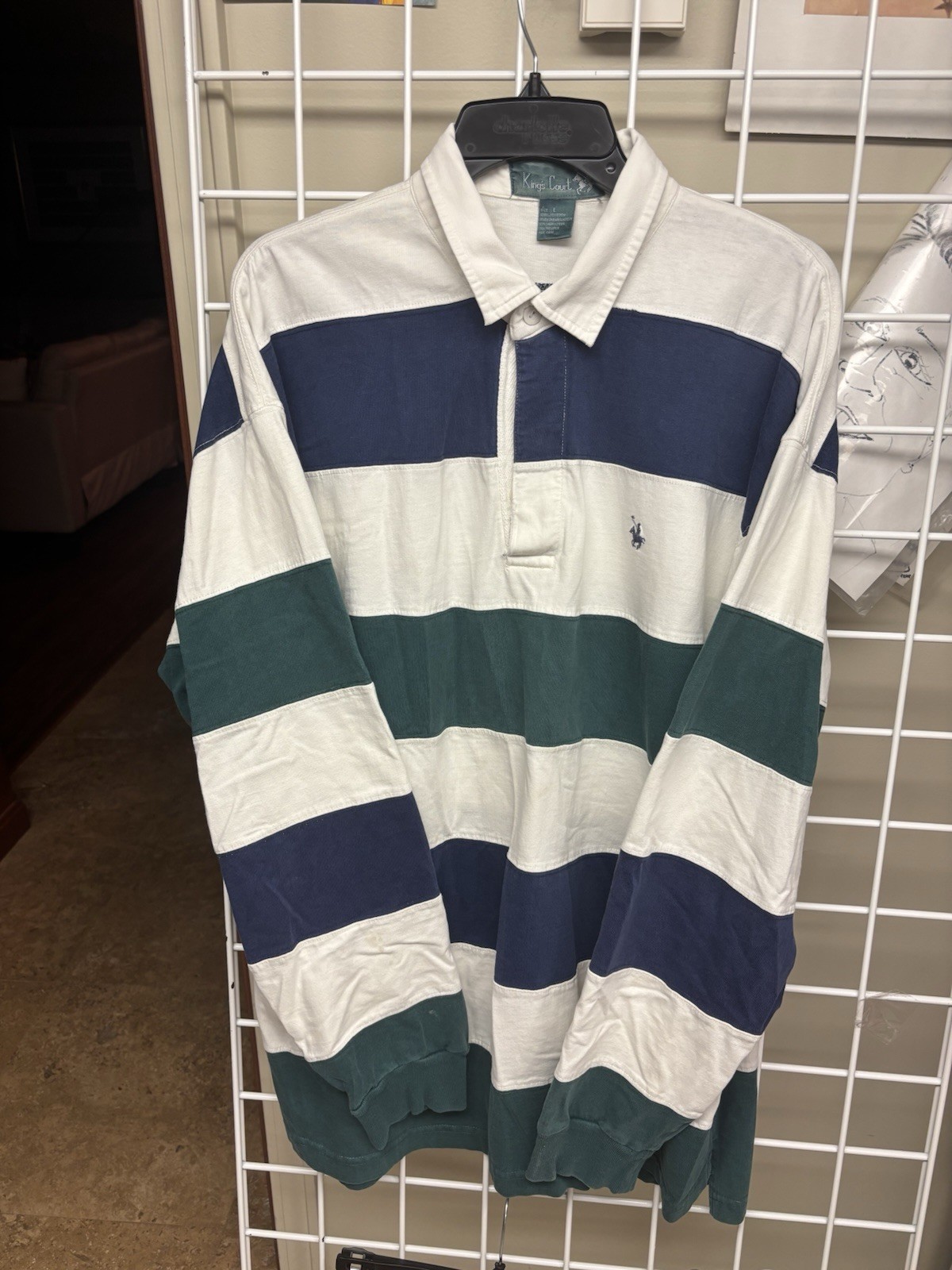 Vintage 90s Kings Court Rugby Shirt Men’s L Blue Green Striped Cotton Colorblock