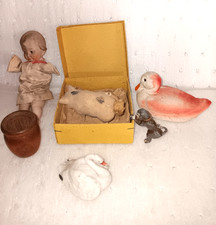 VTG Lot of Christmas Toys Cast Iron Monkey Porcelain Doll Mache Swan Pig in Box