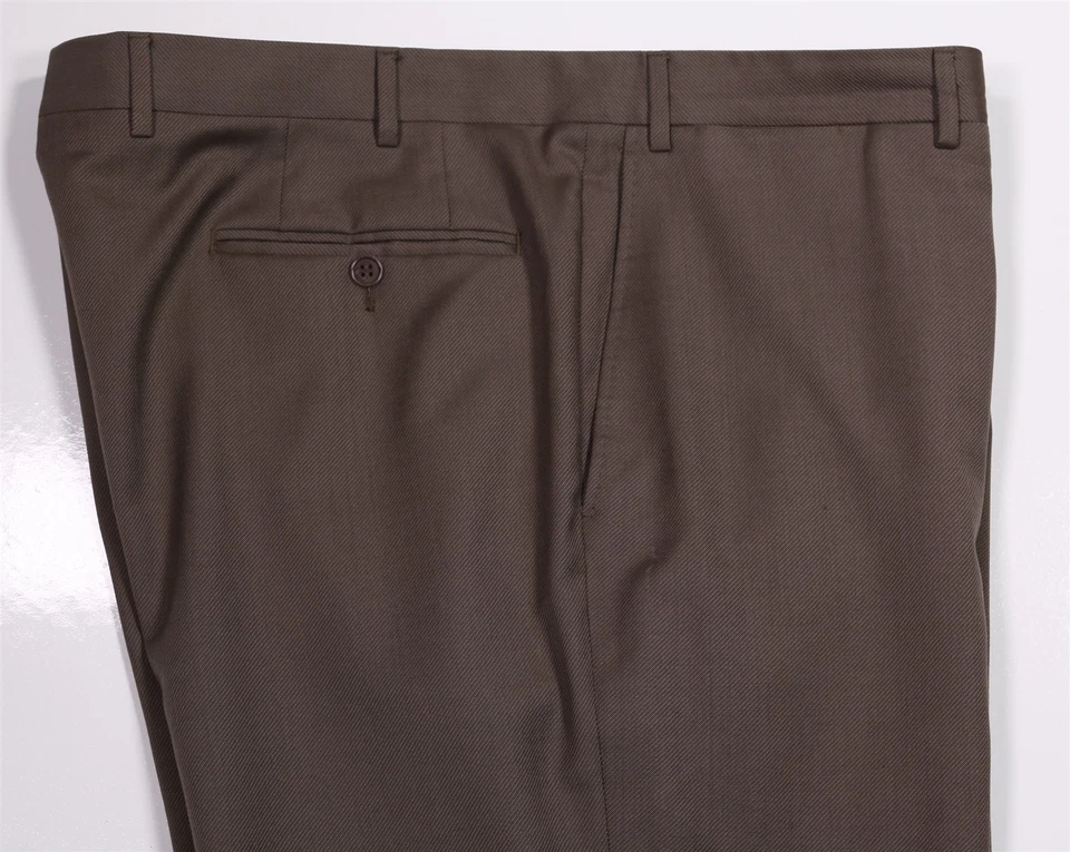 Pantalones de vestir Canali 1934 marrón dorado sarga frente plano lana 40x34 Foto 2 de 4