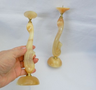 Set of 2 Vintage Selenite Brass Candlestick 8''H Ural Russia Candle Holder