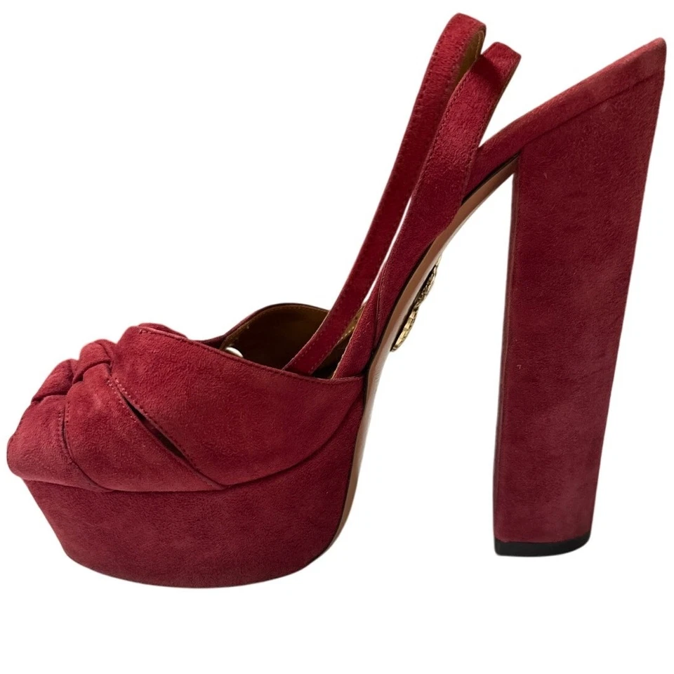 Sandalias Aquazzura Mira rojas de gamuza con plataforma de tacón 37,5/7,5 bloques con tira trasera Foto 3 de 4