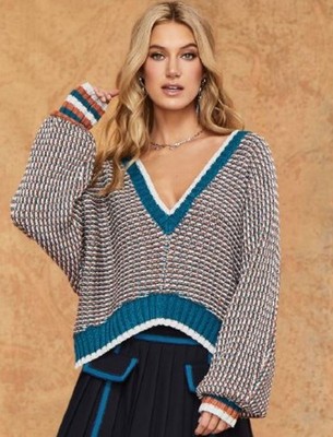 RAMY BROOK Larson Sweater V-Neck Metallic Thread Petrol NWT S $365