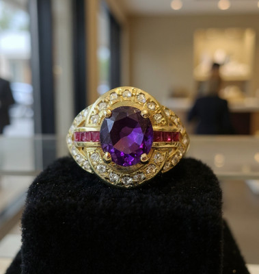14K Yellow Gold Amethyst, Rhodolite Garnet & Cubic Zirconia (CZ) Ring Size 6.75