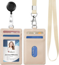 Retractable Badge Holder Lanyard ID Case 4 Card Slots Faux Leather Lychee Beige