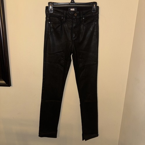 PAIGE Women’s 25 Verdugo Ankle Slit Jeans Black Coated Shine Leather Look Fancy
