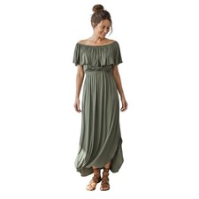 Entro On/Off Shoulder Maxi Dress Spilt Curved Hem Pockets Ruffle Green Small NEW