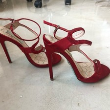 Betsey Johnson SB-GIFT Women 7.5 38 red satin Rhinestone Strappy Heel