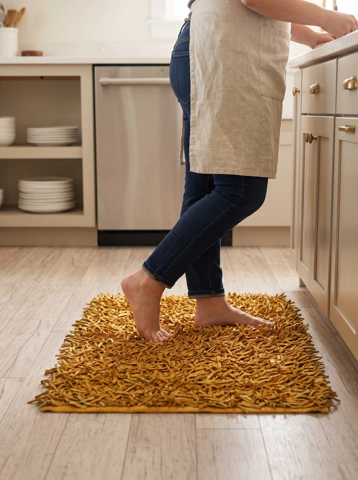 Tapis rectangulaire en cuir suédé shag fait main 60x90 cm Jaune Moutarde - Photo 2/4