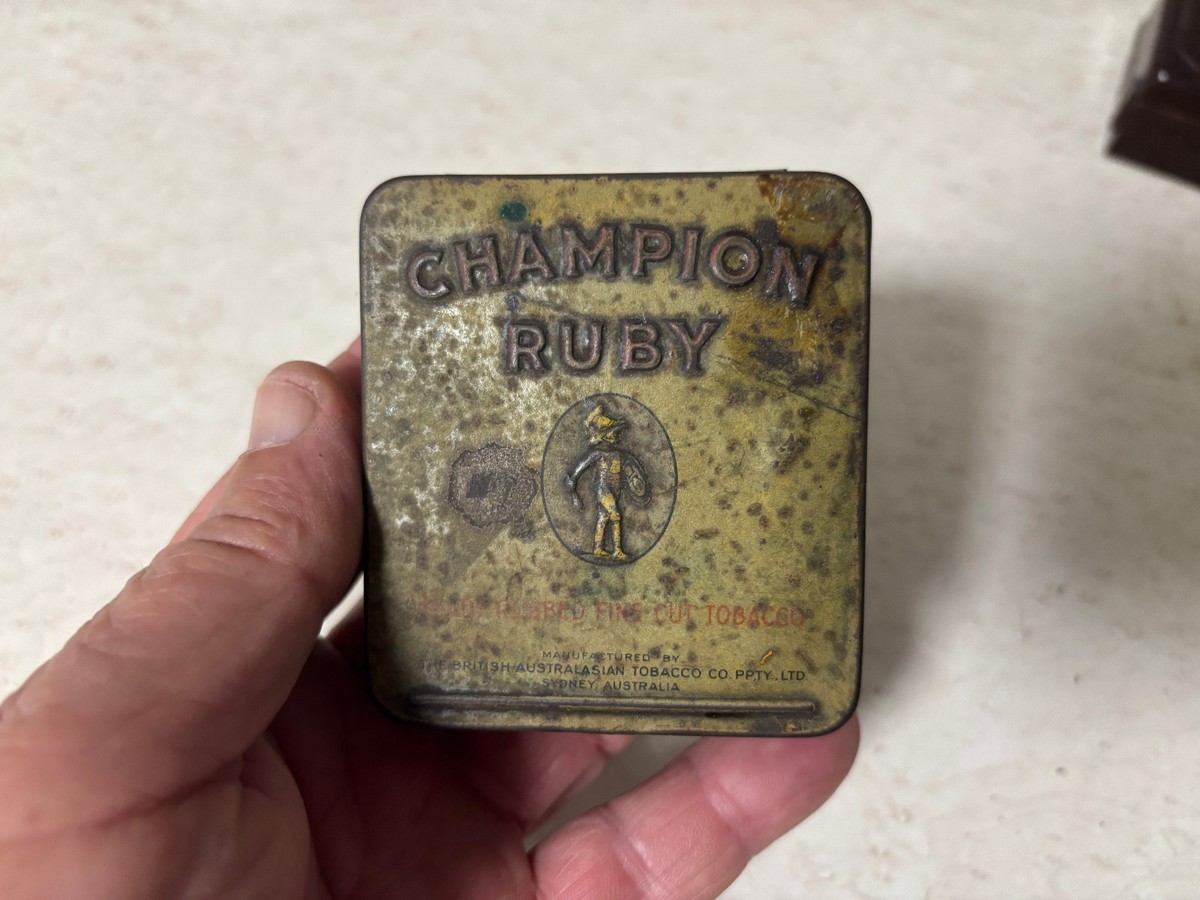 where is champion ruby tobacco made Vintage Champion Ruby 1oz Ready Rubbed Fine Cut Tobacco Tin. Made in  Australia