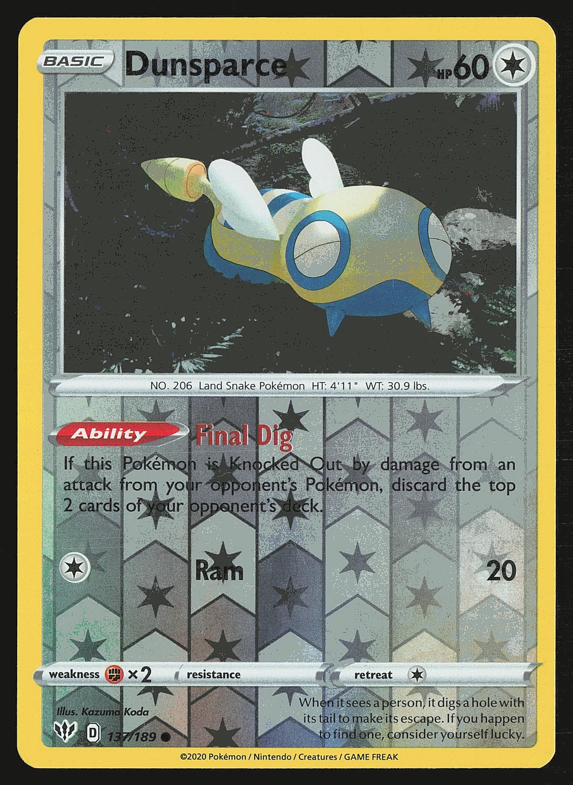SWSH03: Darkness Ablaze Dunsparce #137/189 Reverse Holo Pokemon Card