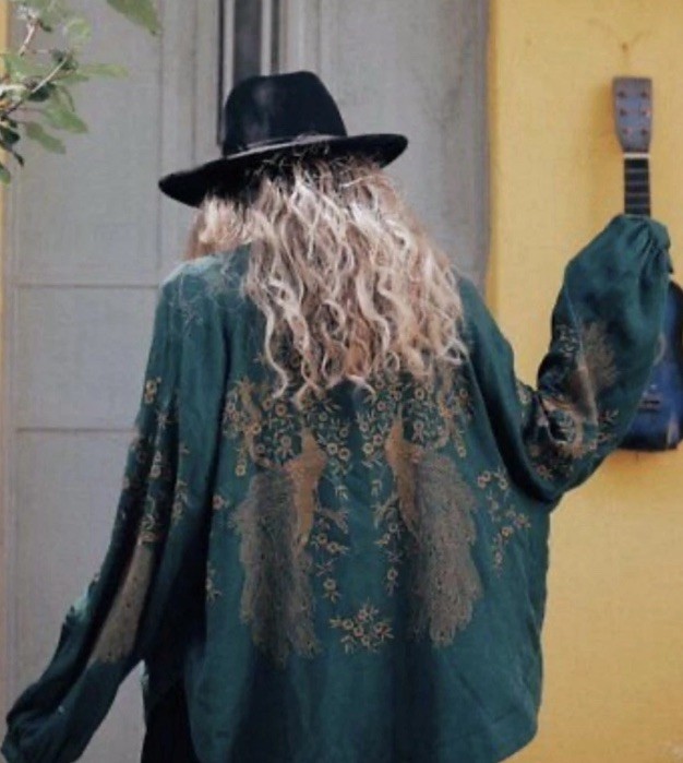 Chaqueta Kimono Zara Rara Verde Bordada Floral Pavo Real Pájaro Oriental Jacquard
