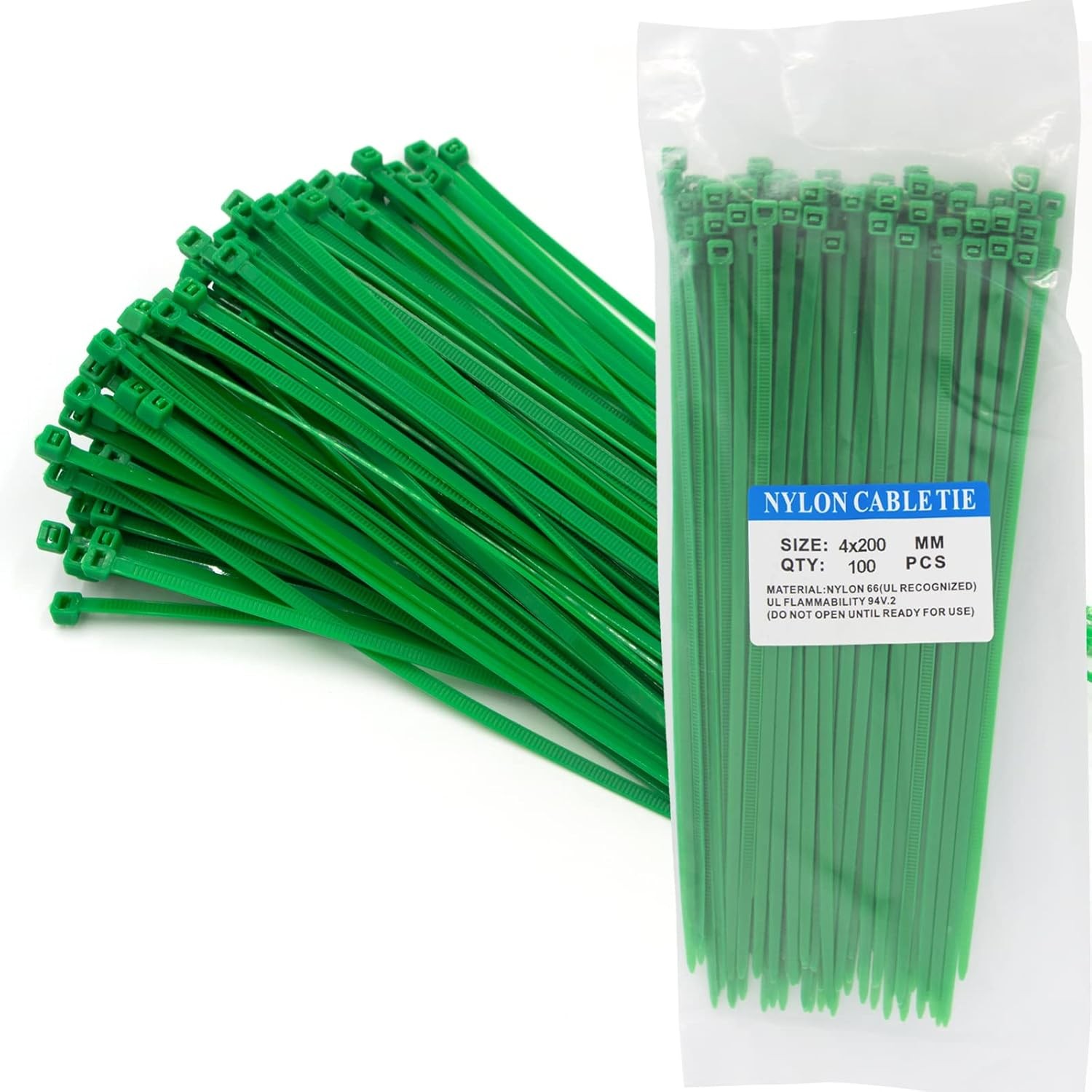 200 Pack Green Cable Ties, Nylon Zip Ties, 200mm x 3.6mm Plastic Tie Wraps, Sec