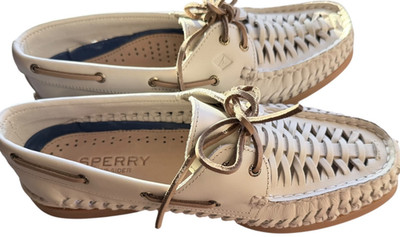New! Sperry Authentic Original 2-Eye Woven Boat Shoe, White Leather Women s Sz 8