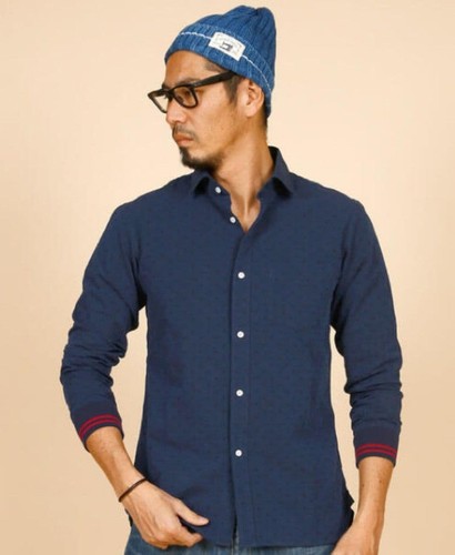 Duffer of St George, The DUFFER of ST.GEORGE Denim Jacquard Rib Sleeve Shirt M Navy