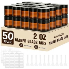 50 Pcs 2 oz Glass Jars with Lids, Amber Glass Jars with 60 Labels 10 Spatul...
