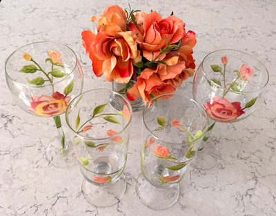 4 Basic Block Glasses Vintage Hand Painted Floral Stemmed Wine, Iced Tea Footed