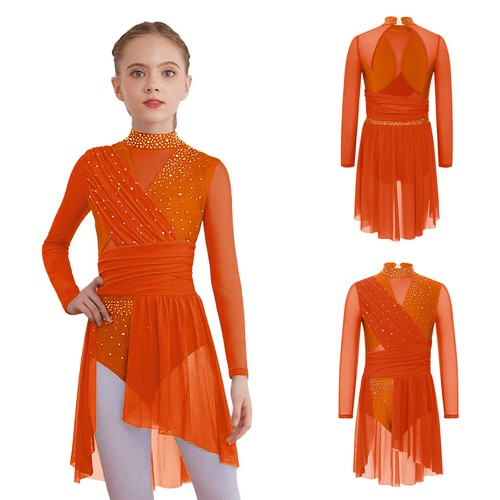 Kids Girls Costume Shiny Dancewear Fringed Dress Back Lyrical Cutout Mock Neck - Picture 69 of 83