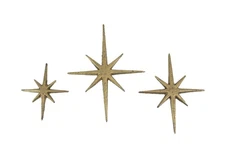 Set of 3 Gold Cast Iron 8 Pointed Starburst Wall Hangings Mid Century Stars
