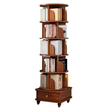 6 Tier Rotating Bookshelf 360 Spinning Display Case with Wheels,Wood Organizer