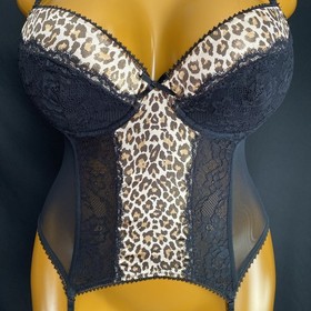 Ann Summers Underwired Suspender Basque Animal Print, Black Mesh & Lace UK 14-16